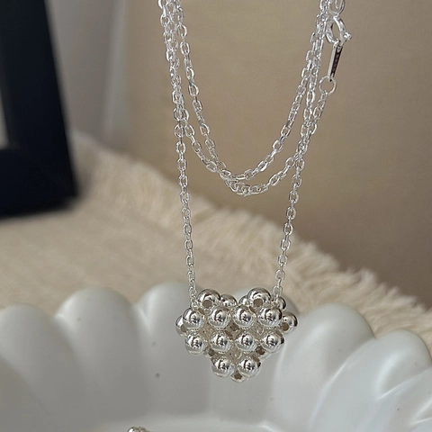 Vintage 925 Sterling Silver Heart Bead Pendant Necklace Korean Style Minimalist Niche Design Women Neck Jewelry Gift