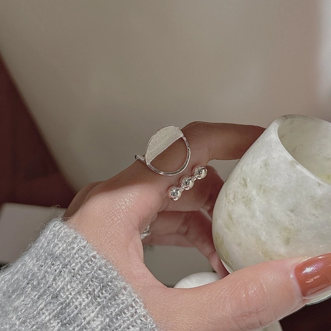 Minimalist 925 Sterling Silver Open Ring For Women Brushed Ball Geometric Adjustable Design Korean Style Chic Finger Jewelry