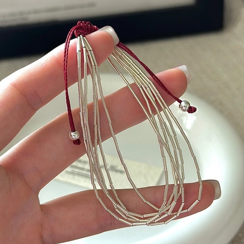925 Sterling Silver Multi-layer Liquid Silver Beads Bracelet For Women Minimalist Red Cord Adjustable Vintage Jewelry Gift