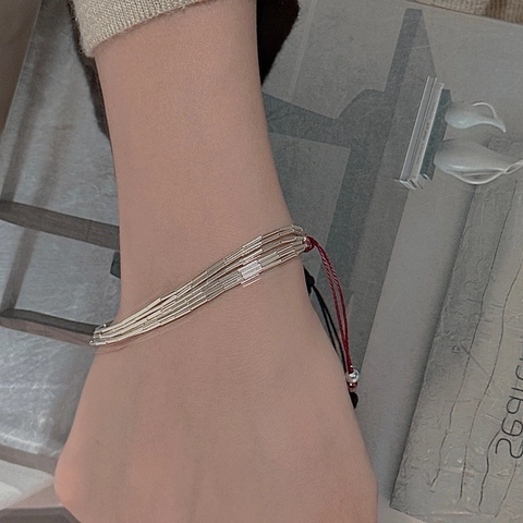 925 Sterling Silver Multi-layer Liquid Silver Beads Bracelet For Women Minimalist Red Cord Adjustable Vintage Jewelry Gift