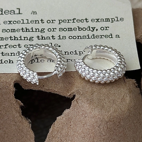 925 Sterling Silver Beaded Hoop Earrings For Women Minimalist Vintage Granulated Texture Small C Shaped Hoop Earrings Jewelry Gift