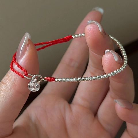 Vintage 925 Sterling Silver Red Rope Bracelet For Women Handmade Woven Cord Bracelet With Round Peace Joy Pendant Minimalist Jewelry