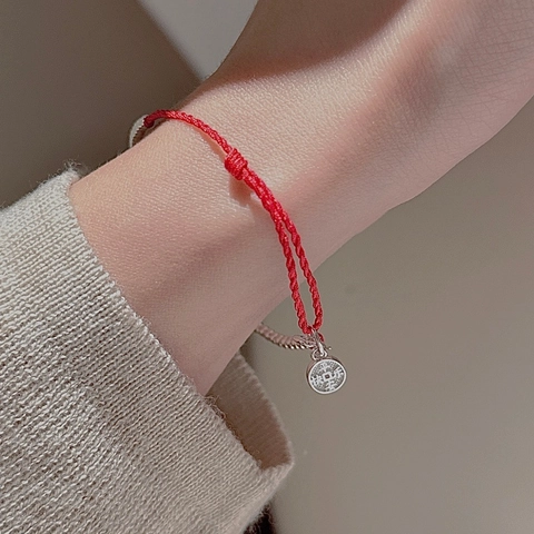Vintage 925 Sterling Silver Red Rope Bracelet For Women Handmade Woven Cord Bracelet With Round Peace Joy Pendant Minimalist Jewelry