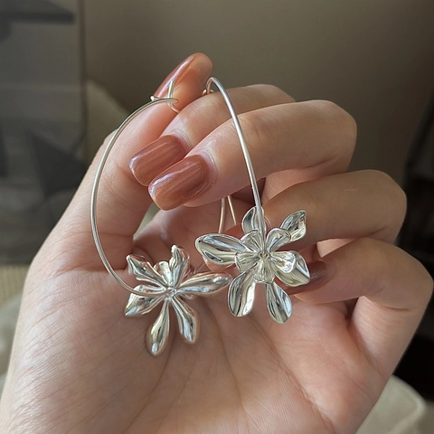 925 Sterling Silver Flower Hoop Earrings For Women Korean Style Millennium Aesthetic Large Floral Dangle Drop Jewelry