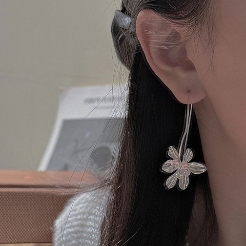 925 Sterling Silver Flower Hoop Earrings For Women Korean Style Millennium Aesthetic Large Floral Dangle Drop Jewelry