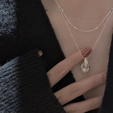 925 Sterlingsilber Ineinandergreifende Ringe Anhänger Halskette Mit Künstlicher Perle Koreanische Vintage Doppelreihige Damen Schmuck