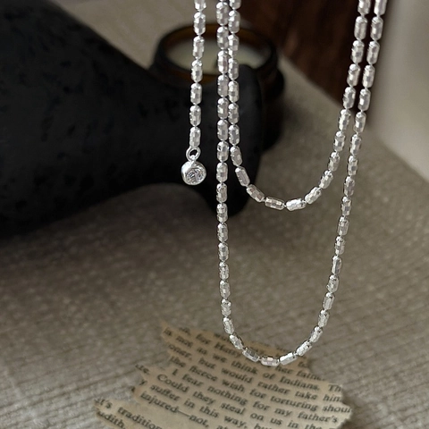 925 Sterling Silver Necklace For Women Vintage Olive Bead Chain With Rhinestone Pendant Adjustable Sliding Ball Jewelry