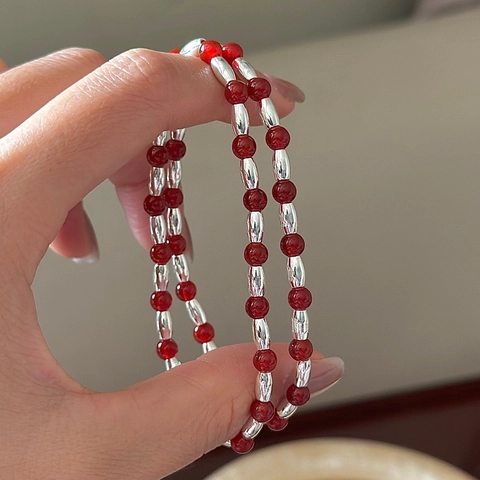 Vintage 925 Sterling Silver Red Agate Beaded Bracelet For Women Korean Minimalist Bamboo Joint Design Bracelet Retro Jewelry
