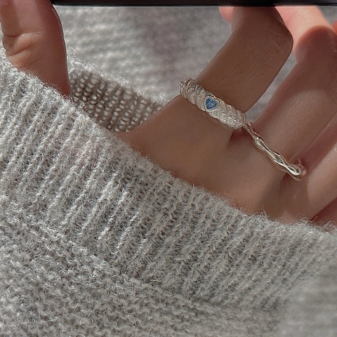 925 Sterlingsilber Herz Blau Zirkonia Offener Ring Vintage Unregelmäßige Lava Textur Verstellbarer Fingerring Für Damen Schmuck Geschenk