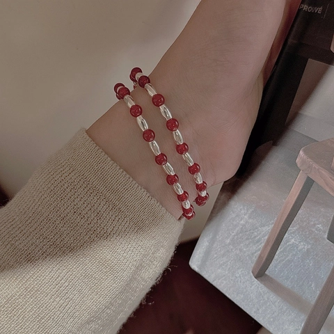 Vintage 925 Sterling Silver Red Agate Beaded Bracelet For Women Korean Minimalist Bamboo Joint Design Bracelet Retro Jewelry