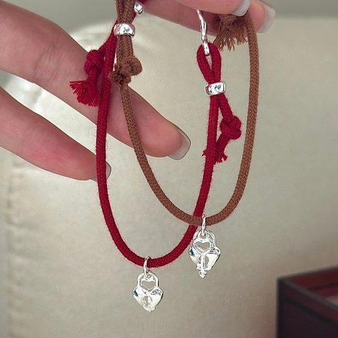 Bracelet en Corde Rouge Tissée avec Serrure et Clé en Argent Sterling 925 pour Femme Bijoux de Mode Rétro Réglables