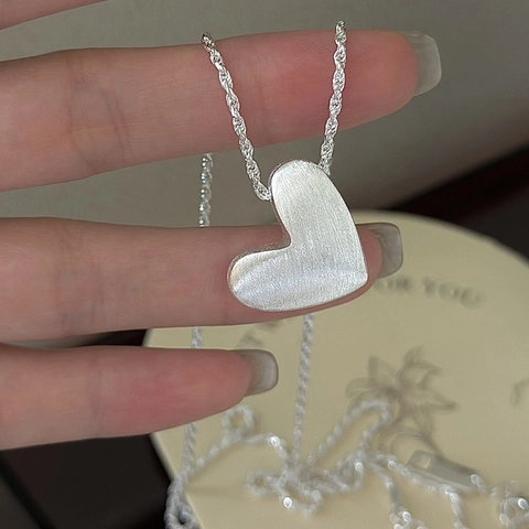925 Sterling Silver Heart Necklace For Women Brushed Texture Minimalist Rope Chain Vintage Korean Style Jewelry Pendant Necklace