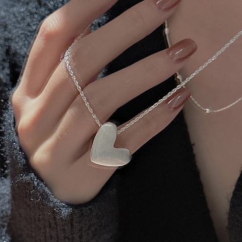 925 Sterling Silver Heart Necklace For Women Brushed Texture Minimalist Rope Chain Vintage Korean Style Jewelry Pendant Necklace