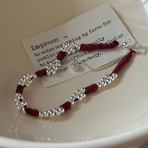 925 Sterling Silver Red String Bracelet For Women Niche Design Vintage Handmade Woven Adjustable Bracelet With Rhinestone Pendant