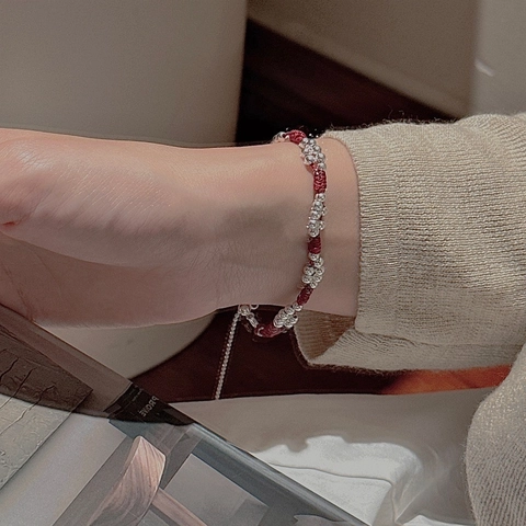 925 Sterling Silver Red String Bracelet For Women Niche Design Vintage Handmade Woven Adjustable Bracelet With Rhinestone Pendant
