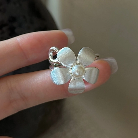 S925 Sterling Silver Flower Open Ring For Women Vintage Matte Texture Artificial Pearl Inlaid Korean Style Finger Ring