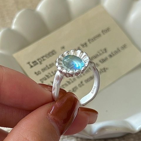 Vintage 925 Sterling Silver Adjustable Open Ring For Women Hammered Aquamarine Colored Stone Simple Geometric Jewelry