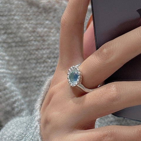 Vintage 925 Sterling Silver Adjustable Open Ring For Women Hammered Aquamarine Colored Stone Simple Geometric Jewelry