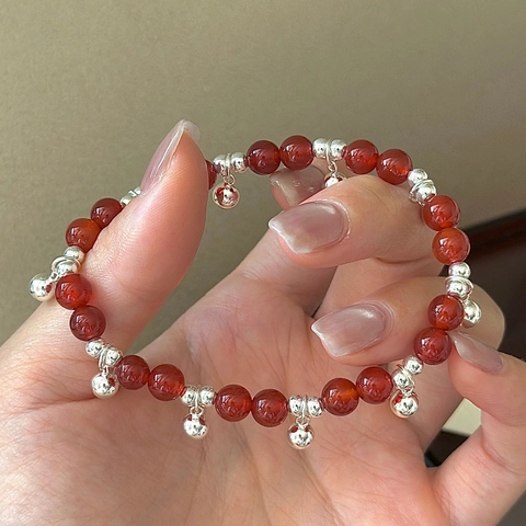 925 Sterling Silver Red Agate Beaded Bracelet For Women Simple Fashion Small Bell Pendants Jewelry Adjustable Hand Chain