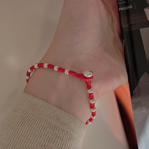 925 Sterling Silver Red Woven Rope Bracelet Vintage Minimalist Korean Style Silver Beads Bell Charm Hand-woven Lucky Jewelry
