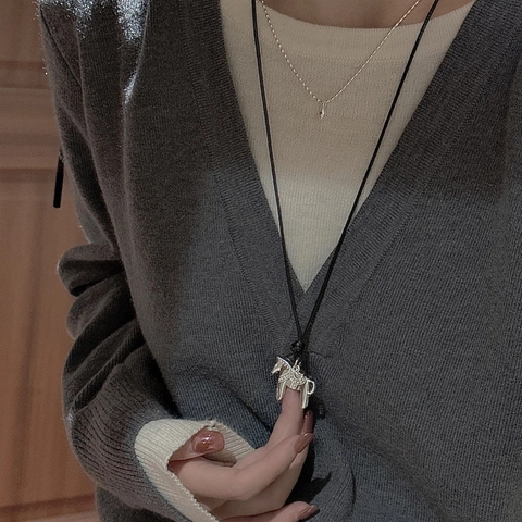 Collier Pendentif Cheval de Dala en Argent Sterling S925 pour Femmes Design Rétro Cordon Ciré Noir Ajustable Chaîne de Pull