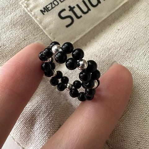 S925 Sterling Silver Black Agate Beaded Ring For Women Double Row Elastic Rope Finger Ring Korean Simple Fashion Jewelry Gift