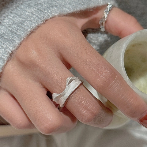 S925 Sterling Silber Offen Verstellbar Ring Für Damen Koreanisch Minimalistisch Unregelmäßige Welle Katzenohr Matt Frosted Fingerring Schmuck
