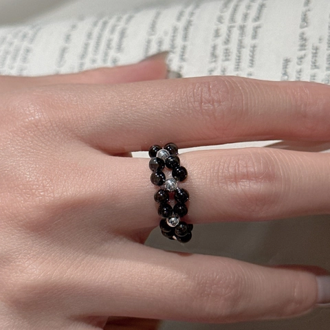 S925 Sterling Silver Black Agate Beaded Ring For Women Double Row Elastic Rope Finger Ring Korean Simple Fashion Jewelry Gift