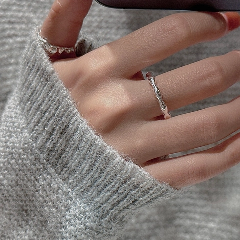 Bague Ouverte en Argent Sterling S925 Texture Vague Irrégulière pour Femme Design Minimaliste Style Coréen Bague Ajustable Bijoux