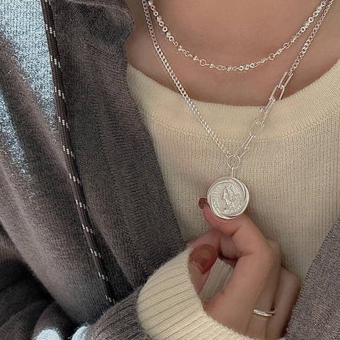 S925 Sterlingsilber Retro Porträt Münzanhänger Halskette Für Damen Asymmetrische Büroklammerkette Minimalistischer Schmuck