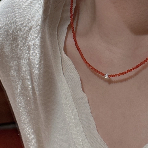 Retro Collana Choker in Argento Sterling 925 con Agata Rossa e Perline Sfaccettate Donna Gioielli Minimalisti con Ciondolo a Cuore