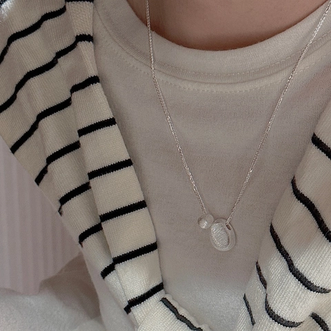 925 Sterling Silver Necklace For Women Korean Minimalist Retro Brushed Texture Double Oval Pendant Clavicle Chain Jewelry Gift
