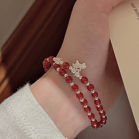 S925 Sterling Silver Red Agate Beaded Bracelet For Women Vintage Ethnic Style Lucky Elephant Dog Pendant Elastic Bracelet