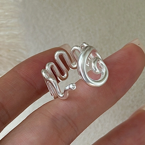 Minimalist 925 Sterling Silver Irregular Spiral Wave Open Ring For Women Adjustable Vintage Texture Fashion Jewelry Gift