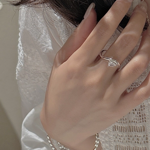 925 Sterling Silver Pear Cut Zirconia Ring For Women Korean Style Wave Adjustable Open Finger Ring Minimalist Jewelry Gift