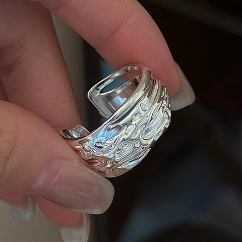 Korean Design S925 Sterling Silver Lava Texture Open Ring Irregular Molten Metal Industrial Style Adjustable Ring Jewelry Women