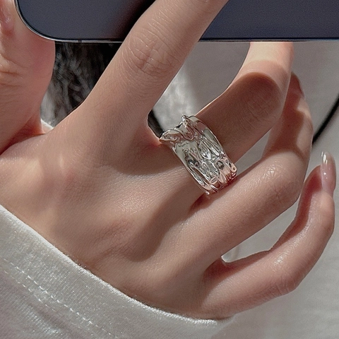 Korean Design S925 Sterling Silver Lava Texture Open Ring Irregular Molten Metal Industrial Style Adjustable Ring Jewelry Women