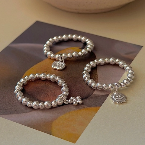 S925 Sterling Silver Beaded Elastic Ring Apple Sun Smile Flower Charm Korean Minimalist Retro Finger Jewelry For Women