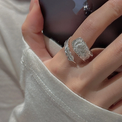 925 Sterlingsilber Retro Feder Verstellbarer Offener Ring Für Damen Koreanischer Stil Nischen-Design Strass Individueller Fingerschmuck