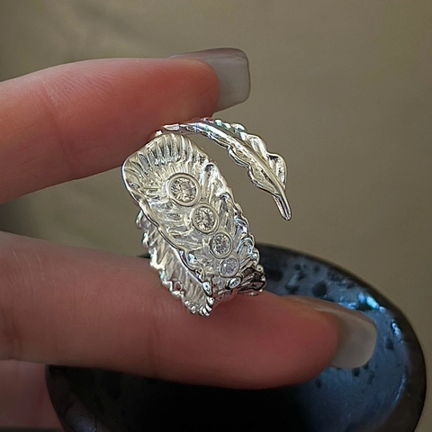 925 Sterlingsilber Retro Feder Verstellbarer Offener Ring Für Damen Koreanischer Stil Nischen-Design Strass Individueller Fingerschmuck