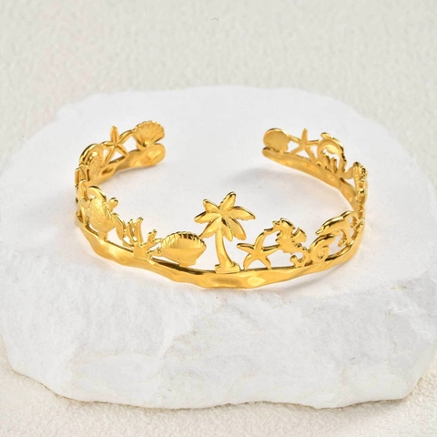 Vintage Stainless Steel Gold Plated Ocean Theme Cuff Bracelet For Women Adjustable Beach Jewelry With Coconut Tree Shell