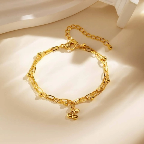 Fashion Stainless Steel Double Layer Cherry Pendant Bracelet For Women Gold Simple Sweet Dainty Jewelry Adjustable Bead Link Bracelet