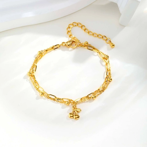 Fashion Stainless Steel Double Layer Cherry Pendant Bracelet For Women Gold Simple Sweet Dainty Jewelry Adjustable Bead Link Bracelet