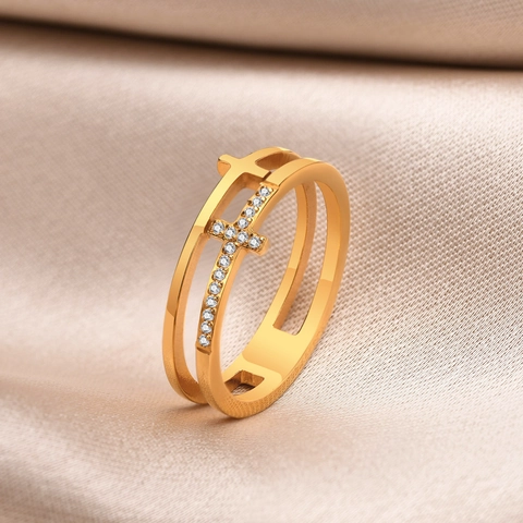 Vergulde Roestvrijstalen Dubbele Laag Kruis Ring Met Zirkonia Voor Vrouwen Mode Geometrische Vinger Sieraden Ring Cadeau