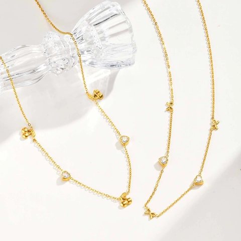 Edelstahl Herz Kirsche Schleife Anhänger Halskette Für Damen Vergoldet Geflochtene Kette Strass Mode Schmuck Elegantes Geschenk
