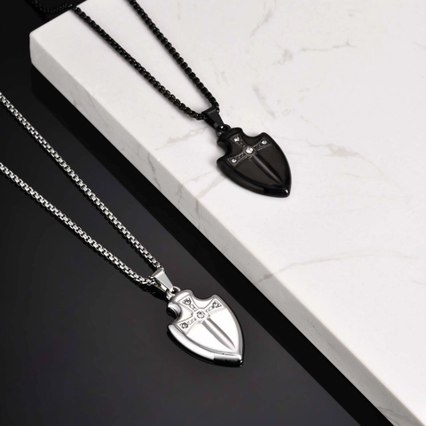 Men Stainless Steel Shield Sword Cross Pendant Necklace Cool Zirconia Inlaid Gothic Punk Jewelry Accessory Gift For Men