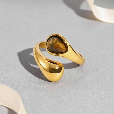 Vintage Stainless Steel Teardrop Tiger Eye Stone Open Ring For Women Polished Gold Plated Geometric Fashion Finger Jewelry