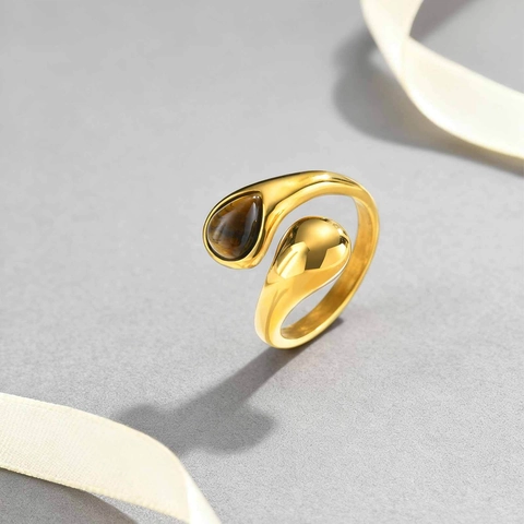 Vintage Stainless Steel Teardrop Tiger Eye Stone Open Ring For Women Polished Gold Plated Geometric Fashion Finger Jewelry