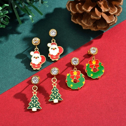 Pendientes de Navidad de Acero Inoxidable Papá Noel Árbol de Navidad Corona Circonia Esmalte Pulsera Joyería