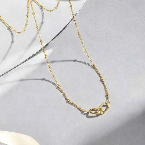 Minimalistische Edelstahl Halskette Für Damen Ineinandergreifende Doppel Oval Ring Anhänger Satelliten Perlenkette Goldton Schmuck
